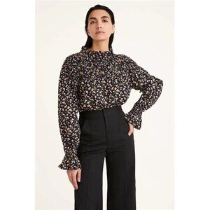 Merlette Majorelle black deco floral print hand smocked blouse